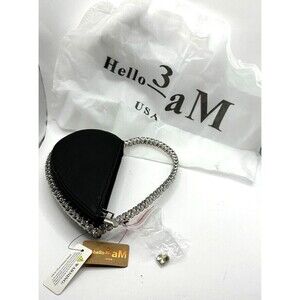 Hello 3 am USA Black faux Leather Purse Rhinestones Heart Shaped Clutch Dust Bag
